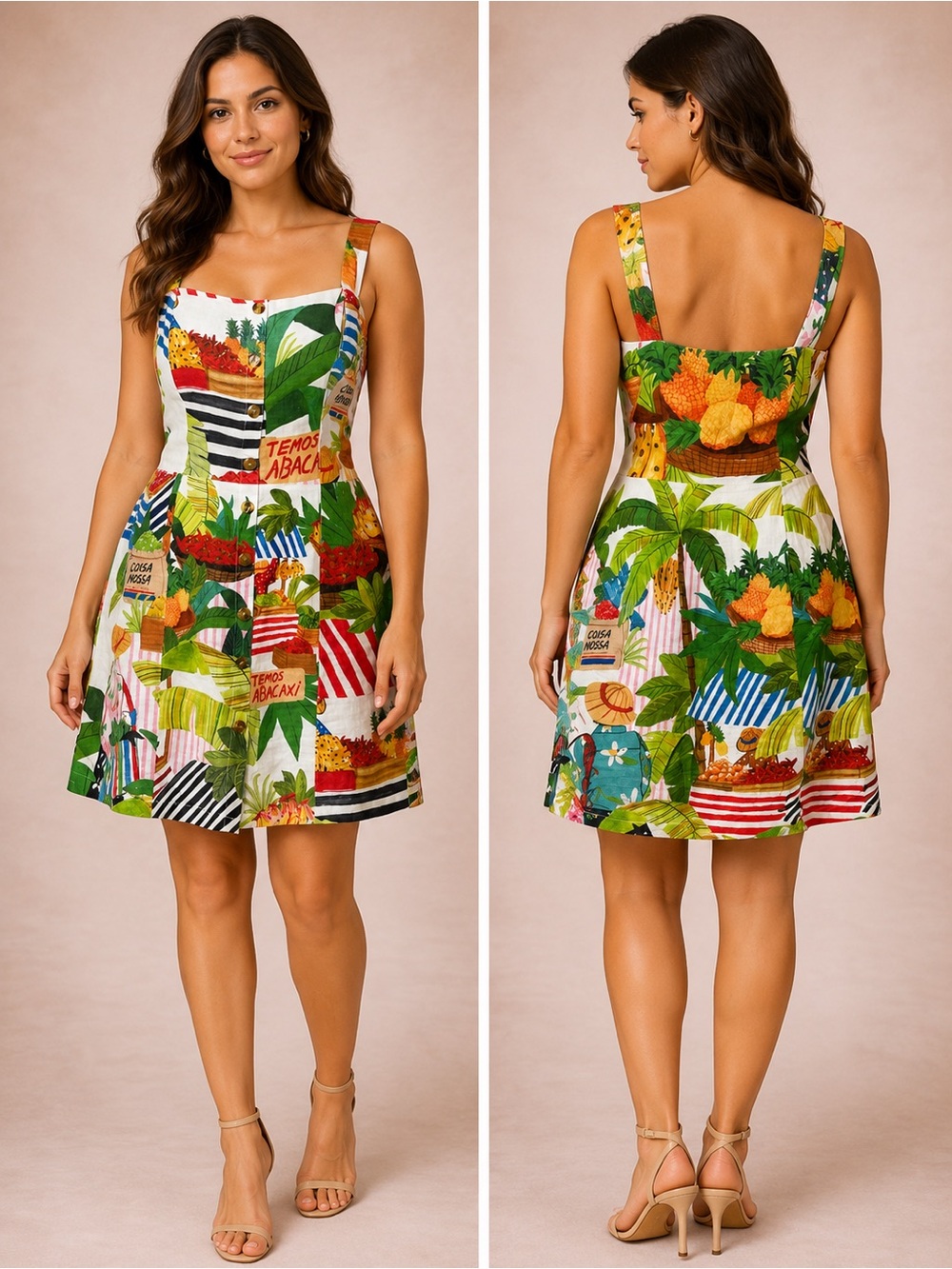 FARM Rio Green Multi Tropical Patchwork Mini Sundress